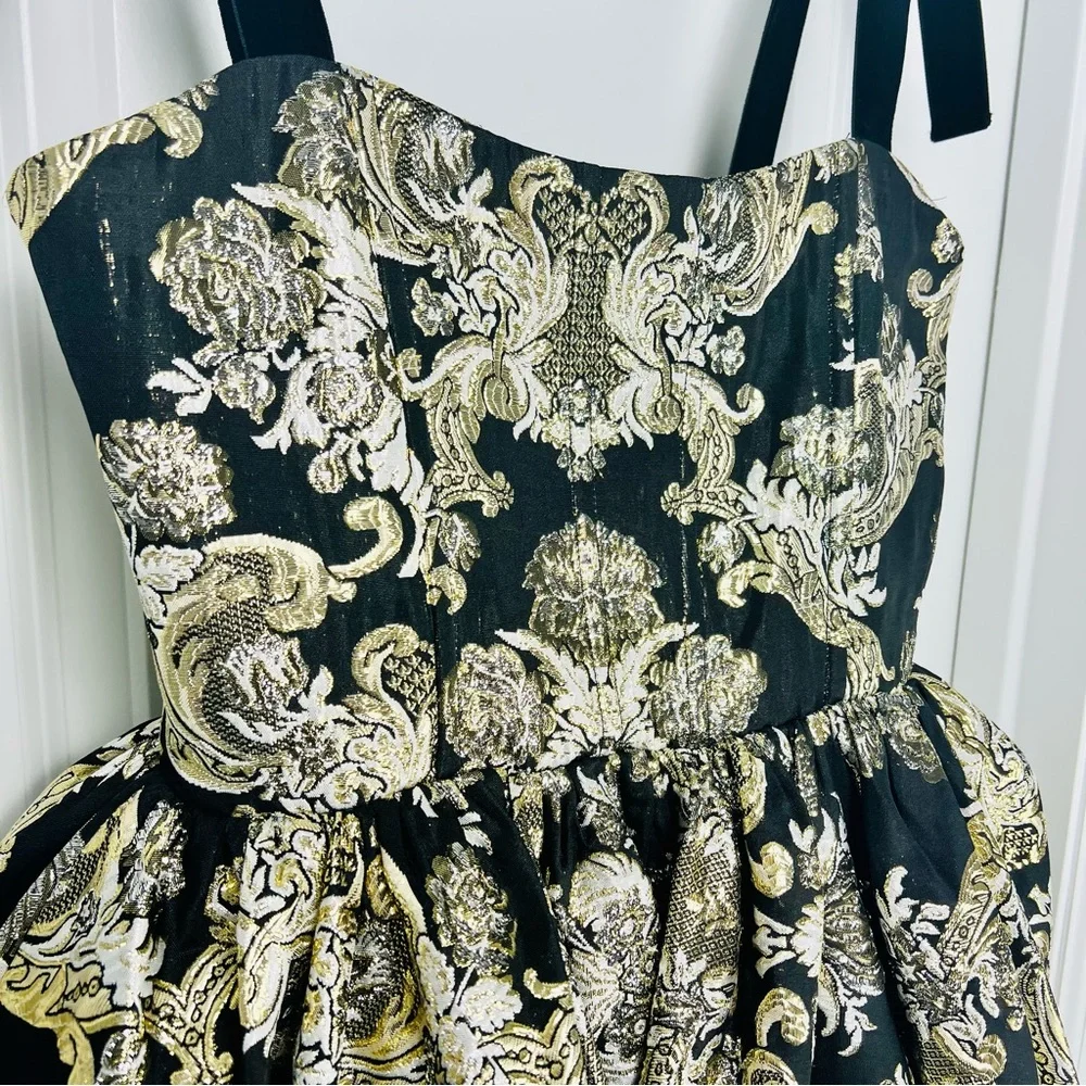 Alice + Olivia Fay Jacquard Corset Metallic Mini Dress Black Gold Silver 4 Small - Picture 4 of 14